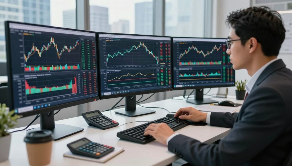 A dynamic forex market analysis scene featuring a modern trader's workstation. In the foreground, a focused individual in professional business attire analyzing multiple screens displaying forex charts, currency pairs, and market trends. The middle ground showcases a sleek desktop cluttered with financial tools—calculators, notepads, and coffee—set against a backdrop of a large window revealing a bustling city skyline. The background features a soft, diffused light filtering through, creating a bright and inspiring atmosphere. The composition should highlight a sense of urgency and concentration, with the trader's demeanor reflecting determination. Use a wide-angle lens to capture the depth of the workspace and emphasize the complexity of forex analysis in a contemporary setting.