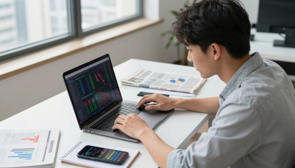 A focused scene depicting a beginner engaging in forex trading, highlighting small capital investment. In the foreground, a young professional wearing smart casual attire is intently examining charts on a laptop, with a notepad and a smartphone by their side showcasing currency exchange rates. The middle layer features a clean desk with trading paraphernalia, including graphs and financial newspapers. In the background, a window with a city skyline hints at global market dynamics. Soft, bright lighting illuminates the workspace, creating an inspiring atmosphere that conveys hope and ambition. The angle is slightly elevated, capturing the determination on the trader's face as they embark on their trading journey.