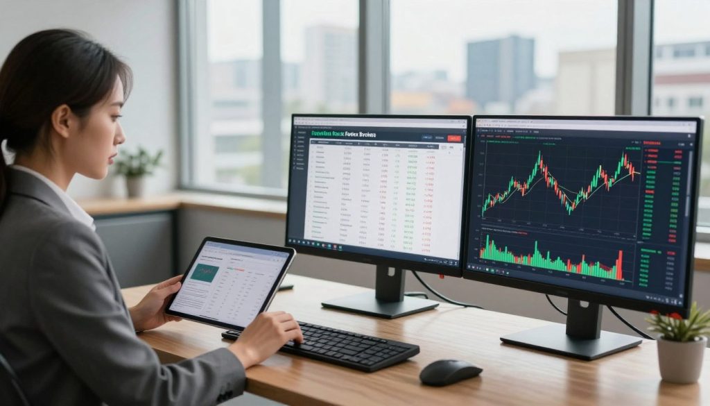 A modern office setting showcasing a forex broker comparison. In the foreground, a sleek wooden desk with dual monitors displaying live forex charts and graphs, vibrant green and red candlestick patterns. To the left, a professional woman in business attire, analyzing data with a focused expression, while holding a tablet. In the middle ground, an open laptop reveals a side-by-side comparison of various forex brokers, complete with detailed metrics. The background features large windows with a cityscape view, bathed in soft, natural daylight, creating an optimistic and focused atmosphere. The overall mood conveys professionalism, readiness, and the potential for financial success, captured with a medium depth of field to highlight the desk activity while keeping the city in a soft blur.