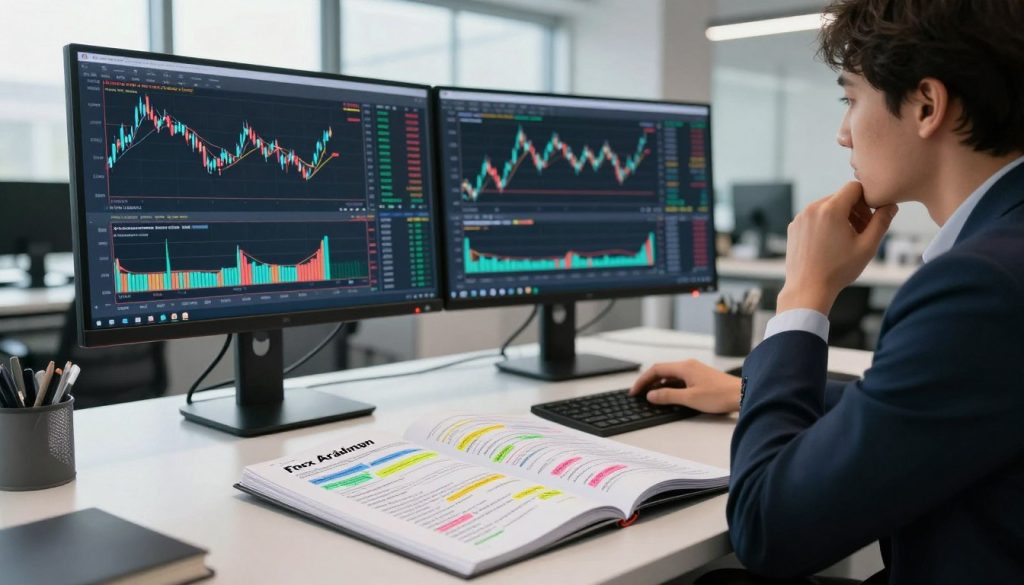 A professional forex trading workspace, featuring a sleek desk with dual monitors displaying intricate graphs and candlestick charts. In the foreground, a crisp, organized forex trading plan document lies open, rich with colorful annotations and market strategies. In the middle, a focused individual in business attire analyzes the data on the screens, their expression deep in thought. The background shows a modern office setting with large windows letting in soft, ambient daylight, enhancing the productive atmosphere. The lighting is bright yet warm, emphasizing clarity and concentration. The overall mood is one of determination and focus, ideal for beginners embarking on their forex trading journey.