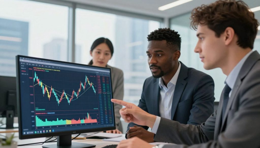 A vibrant and engaging illustration of forex trading strategies for beginners, featuring a close-up shot of a diverse group of three professionals in business attire, intently discussing a digital trading chart on a sleek monitor. In the foreground, the chart displays candlestick patterns and technical indicators, illuminated by soft, ambient lighting that suggests focus and collaboration. In the middle background, a modern office setting with large windows showing a city skyline, creating an atmosphere of professionalism and excitement. Subtle reflections on glass surfaces enhance the overall depth. The mood is inspiring and motivational, capturing the essence of learning and growth in the forex trading world.