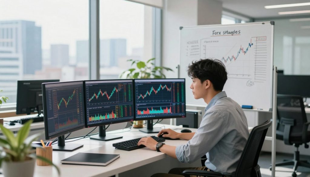 A vibrant office setting illuminated by natural light filtering through large windows, showcasing a sleek trading desk with multiple monitors displaying forex charts and graphs. In the foreground, a young professional in smart casual attire is intently analyzing market data. The middle ground features a whiteboard filled with simple yet effective forex trading strategies, including candlestick patterns and trend lines. The background includes a city skyline view, symbolizing the global nature of forex trading. The atmosphere is focused and energetic, conveying the excitement of making smart trades with small capital. The lighting should emphasize clarity, with a slight lens blur on the background to draw attention to the trader and their screens.