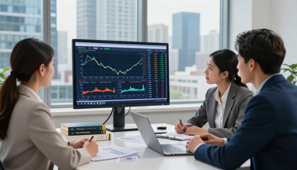 A visually engaging representation of Forex trading terminology, featuring a modern and professional office environment. In the foreground, a diverse group of three professionals—two women in smart business attire and one man in a crisp suit—are focused on a large digital screen displaying various Forex charts, currency symbols, and key terms like "pips," "leverage," and "spread." In the middle, a sleek desk cluttered with forex trading books, a laptop, and financial reports conveys a sense of active research and learning. The background is a high-rise window showcasing a vibrant city skyline illuminated by natural light, creating an atmosphere of ambition and clarity. The composition should use bright, inviting colors and a slightly shallow depth of field, emphasizing the professionals and the trading screen while softly blurring the background.