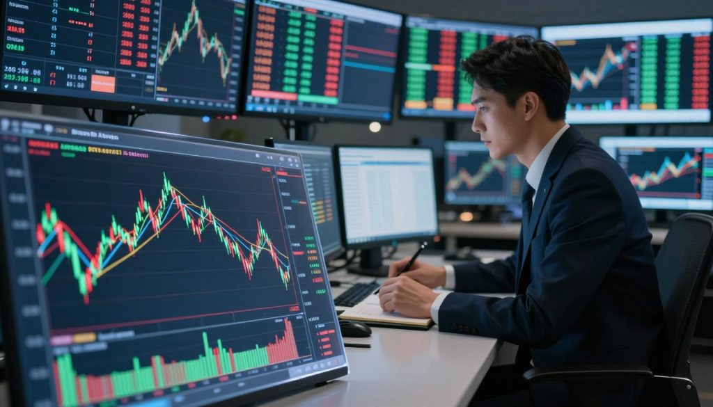 A visually engaging scene depicting the concept of Moving Averages in Forex Trading. In the foreground, an elegant, transparent chart with moving average lines crossing different currency pairs is displayed, showcasing vibrant green and red lines. The middle ground features a sophisticated trading desk with a professional trader in smart business attire, intently analyzing the graphs and making notes. The background is filled with large screens displaying fluctuating currency pair data, illuminated with soft, focused lighting to highlight the charts. The atmosphere should feel dynamic and analytical, embodying the excitement of Forex trading. Use a slightly elevated angle for a comprehensive view of the trading environment, conveying a sense of professionalism and seriousness in the financial world.